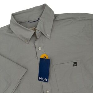 Huk Harbor Mist Kona Button Up Shirt Mens Small‎ Gray Fishing Short Sleeve NEW